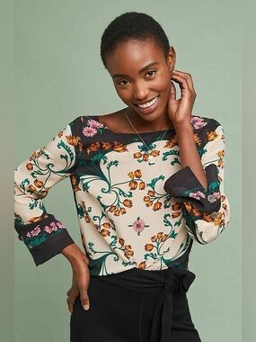 Anthropologie Maeve Florence 100% Silk Floral Blouse Long Sleeve Women’s Size 2